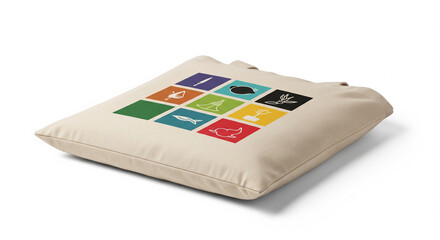Beige tote bag featuring nine colorful squares with different white icons in a studio setting