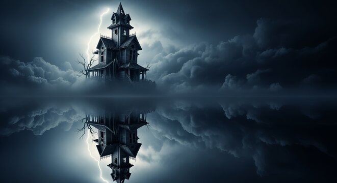 Dark Haunted House with Eerie Reflection and Lightning on Cloudy Sky - Powered by Adobe
