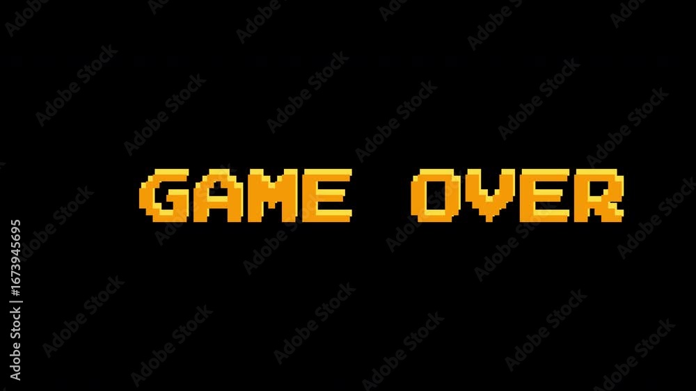 Poster retro game over screen and dark background pixelated text and retro style game over 8 bit text anima