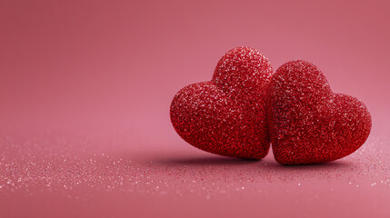 Fototapeta premium Two red hearts with glitter on a pink background, a banner for a Valentine's Day celebration. 3D rendering, studio lighting, high-resolution photography,
