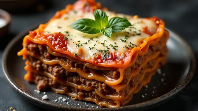 Lasagna layered with meat, cheese, salt, spices and herbs on dark concrete background
