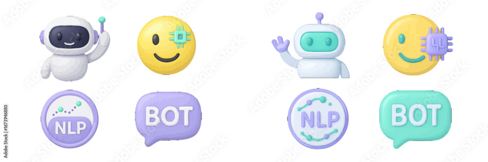 Aufkleber colorful vector illustration of friendly robots and icons for nlp bot