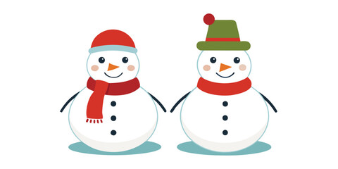 Two cute snowmen holding hands wearing hats and scarves illustration