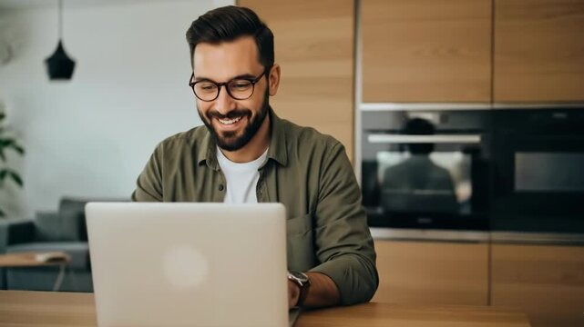 Smiling man with glasses working on a laptop at a table in a modern kitchen