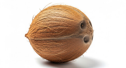 Whole Coconut with Fibrous Shell on White Background