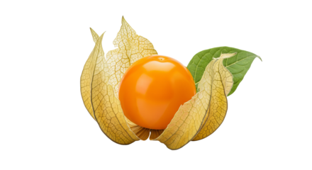 Physalis fruit is displayed with its papery husk and a green leaf against a plain background.