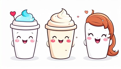 Charming collection of cute kawaii-style coffee cup characters with cheerful smiles and whipped cream toppings, isolated on a white background