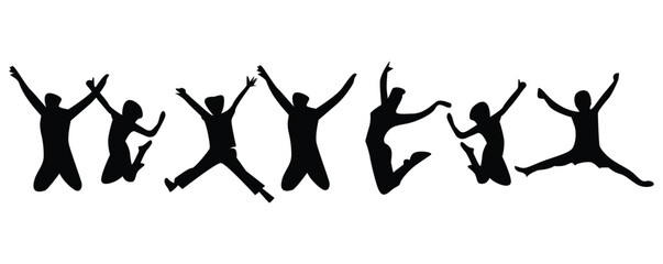 Silhouettes of a group of joyful youth jumping together in celebration. Perfect design for Youth Day, teamwork, energy, and inspiration concepts.