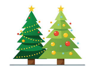 Two Cartoon Christmas Trees Decorated with Ornaments and Lights on White