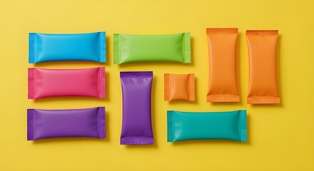 Colorful Stick Sachets Collection on Yellow Background, Flat Lay