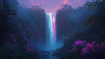 Glowing rainbow waterfall surrounded by luminous, glowing flowers.