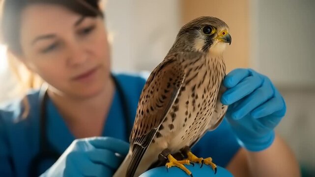 Vet examining kestrel bird.