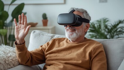 Fototapeta premium Elderly Man Enjoying Virtual Reality Experience at Home