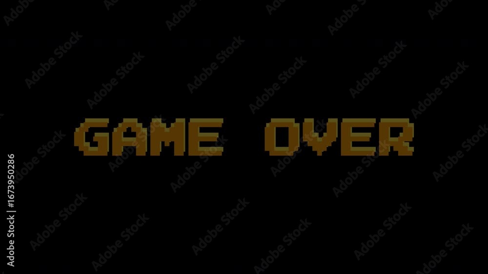 Poster game over animation of looped text with glitch effect on black background. 8 bit video game screen s