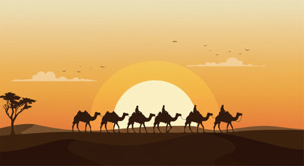 Caravan of Camels: Silhouette of a camel caravan traversing a desert landscape at sunrise or sunset, evokes a sense of journey, adventure, and the vastness of the wilderness. A symbol of exploration.