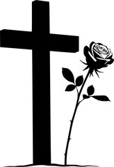 Eternal Remembrance: A poignant monochrome depiction featuring a cross and a rose, symbolizing eternal remembrance, sorrow, and honor for the deceased