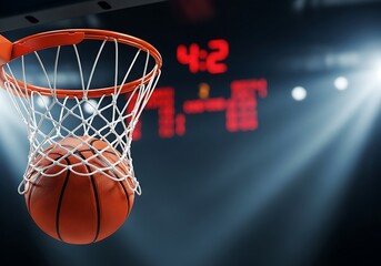 Fototapeta premium Basketball going through the net in a stadium with a scoreboard in the background, representing a successful play during a game