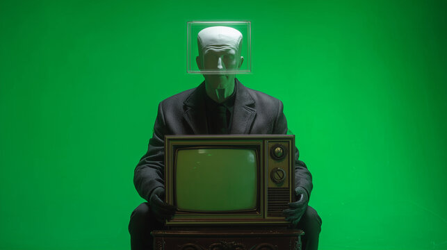 media control concept, surreal portrait of a faceless man with white mask holding a retro television with a green screen, conceptual artwork symbolising modern isolation, surveillance, anonymity