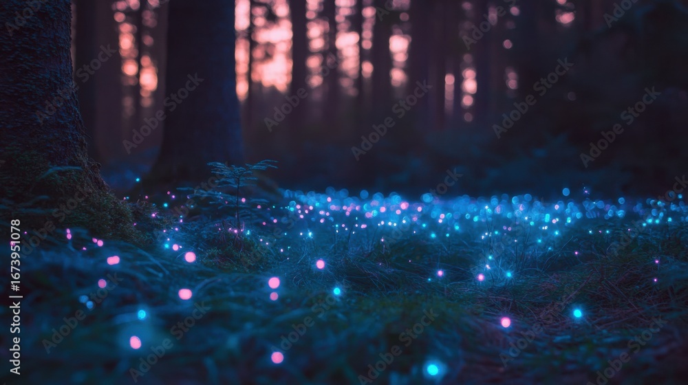 Poster forest with fireflies in a nighttime scene capturing subtle natural light.