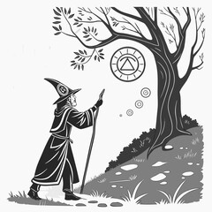 Wizard casting spell under ancient tree with mystical symbols