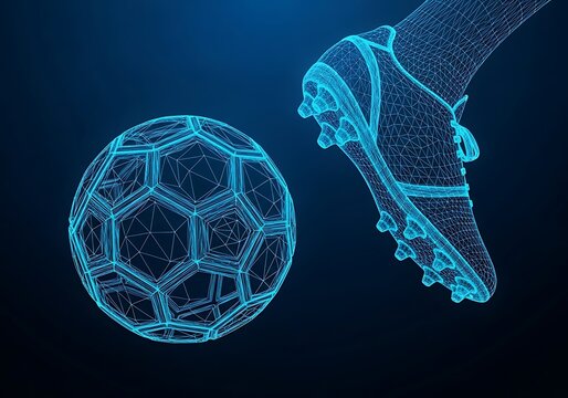 Digital wireframe of a soccer ball and a players foot in a striking pose, symbolizing the dynamic action of the sport