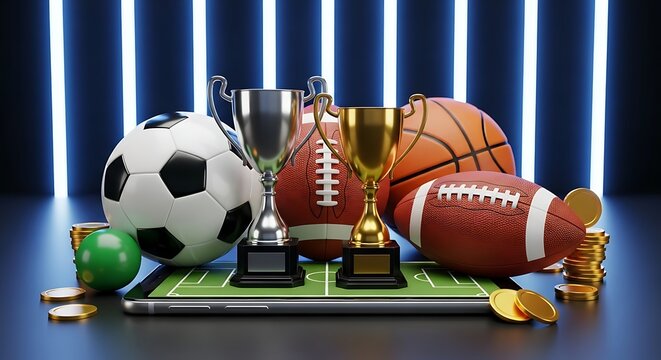 Sports betting concept with various sports balls, trophies, and coins on a tablet, representing online gaming and victory - Powered by Adobe