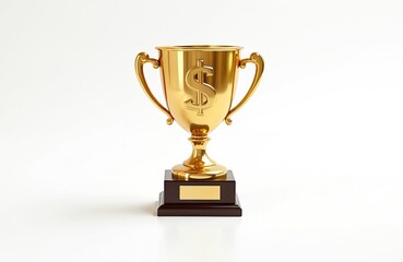 Fototapeta premium Golden trophy cup adorned with dollar sign, financial success, achievement. Award represents victory, wealth, business excellence. Shiny, isolated design on white background makes perfect for