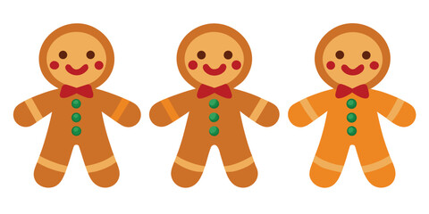 Three gingerbread men with bowties and buttons on a white background