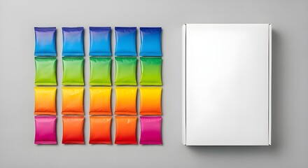Rainbow Stick Sachets Arranged with White Box Packaging Mockup, Flat Lay