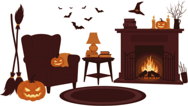 Halloween Living Room: A cozy armchair sits beside a fireplace adorned with books and a flickering candle. Pumpkins and brooms evoke the spirit of Halloween in this scene