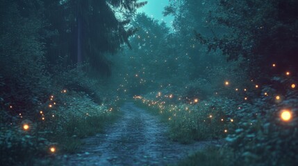 Obraz premium Forest scene with fireflies and ambient light effects.