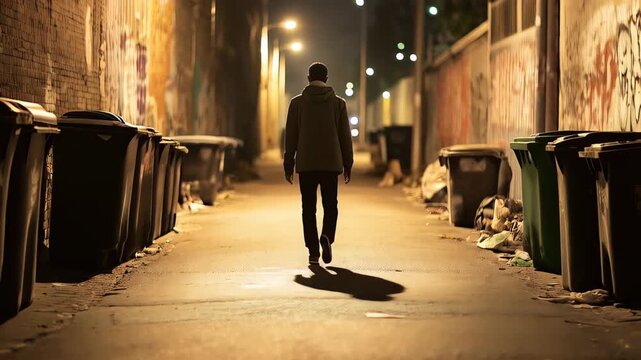 Shadowy male figure moving through narrow urban alleyway, long silhouette stretching across dimly lit pavement during nighttime solitary journey