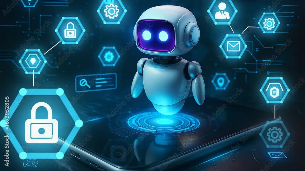 Poster robot on tablet holographic icons lock gears security network technology interface digital screen