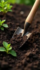 Trowel, cultivator, and hand rake in rich dark soil , isolated, close-up, nature