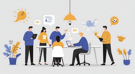 Illustration of a diverse team collaborating around a table, brainstorming ideas with speech bubbles and whimsical icons floating above.