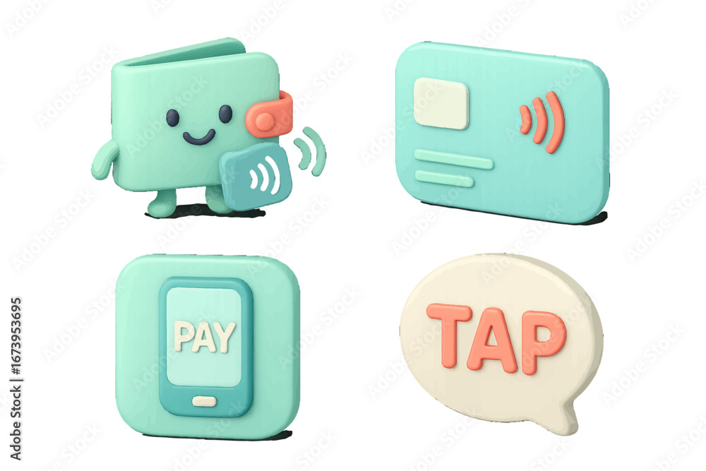 Aufkleber digital payment concepts with friendly wallet and contactless features
