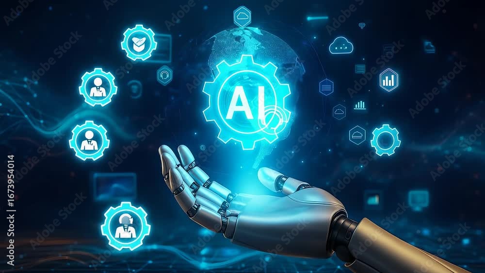 Poster robot hand holding ai globe holographic icons gears technology network interface digital screen