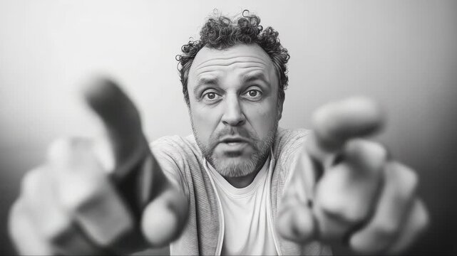 Frustrated male pointing accusingly with intense emotion, expressing blame and anger in dramatic black and white studio portrait
