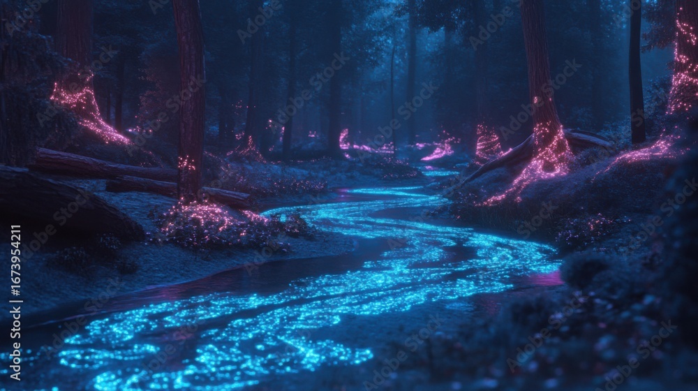 Poster river flowing through a forest of illuminated trees in a dusk setting.