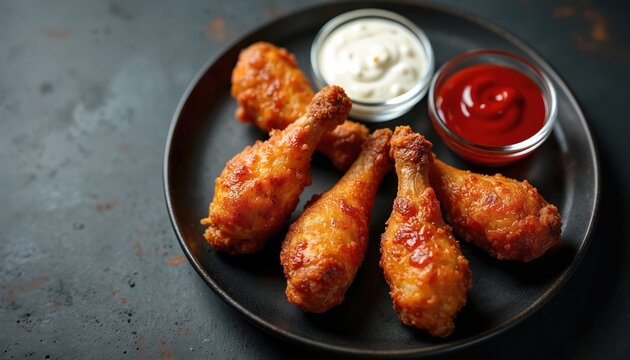 Crispy fried chicken drumsticks presented on a dark plate with two dipping sauces, ketchup and ranch. Savory chicken meal, perfect for parties or snacks. Enjoy delicious, juicy, seasoned comfort food.