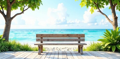 Obraz premium White backdrop showcases weathered wooden bench; idyllic seascape visible , white, weathered, blue