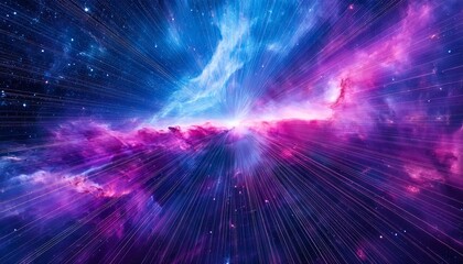 cinematic flythrough of a magenta blue nebula stellar clouds and light rays
