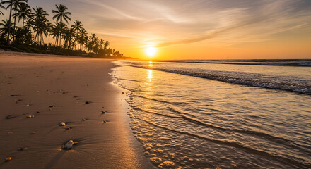 Tropical beach sunset with golden sunlight reflecting on gentle ocean waves, palm trees silhouette along the shore, serene seascape perfect for travel, vacation, and nature backgrounds.