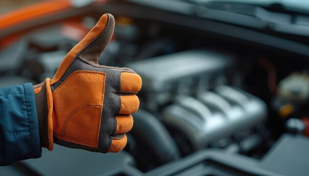 Mechanic gives thumbs up by car engine. Orange, grey glove on hand. Workshop background with tools, auto parts. Pro repairman shows satisfaction with vehicle maintenance. Reliable service, job.