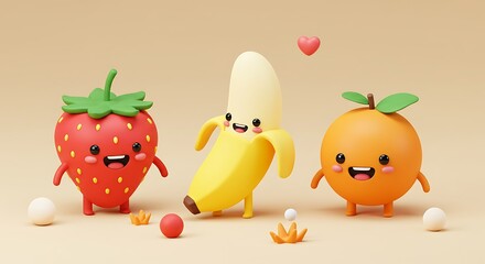Naklejka premium Three cartoon fruit characters, a strawberry, banana, and orange, stand together with smiling faces and small arms and legs.
