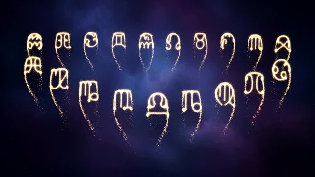 Zodiac signs animation with sparkling effect on a starry night background, astrology symbols,