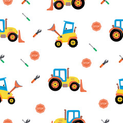 Construction truck , tools  pattern design for fabric.
tractor truck cartoon seamless pattern design. Industrial and equipment cartoon fabric pattern.