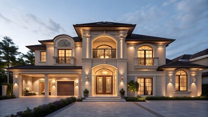 Obraz premium Luxurious mediterranean style mansion with grand entrance and illuminated facade