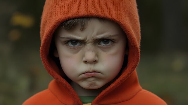 Angry Boy in Orange Hoodie Closeup Portrait