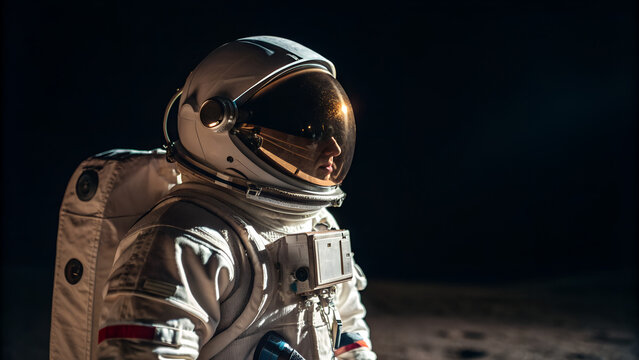 Astronaut in white suit with reflective helmet visor standing in dark outer space perfect for space visuals, cosmic exploration themes, sci-fi artworks and futuristic astronaut training concepts